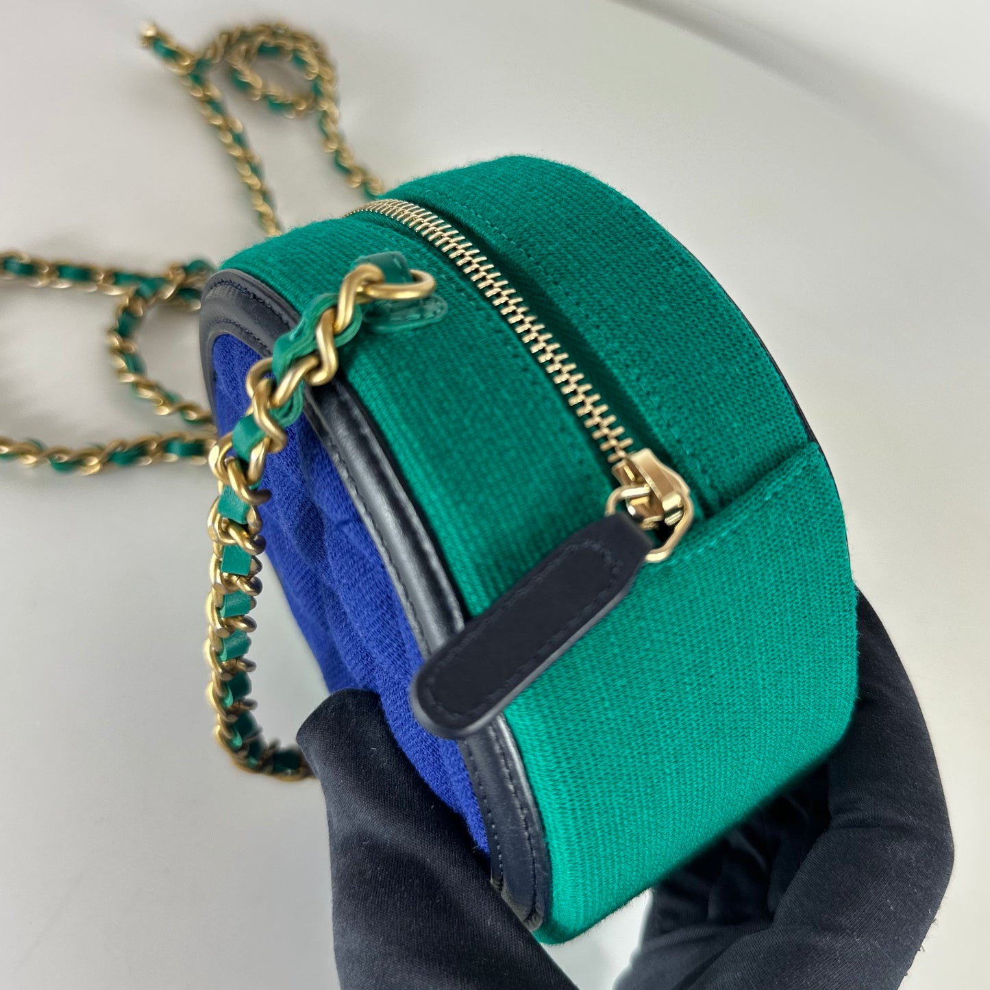 CHANEL- Round Clutch with Chain Quilted Jersey with Lambskin Logo Blue & Green