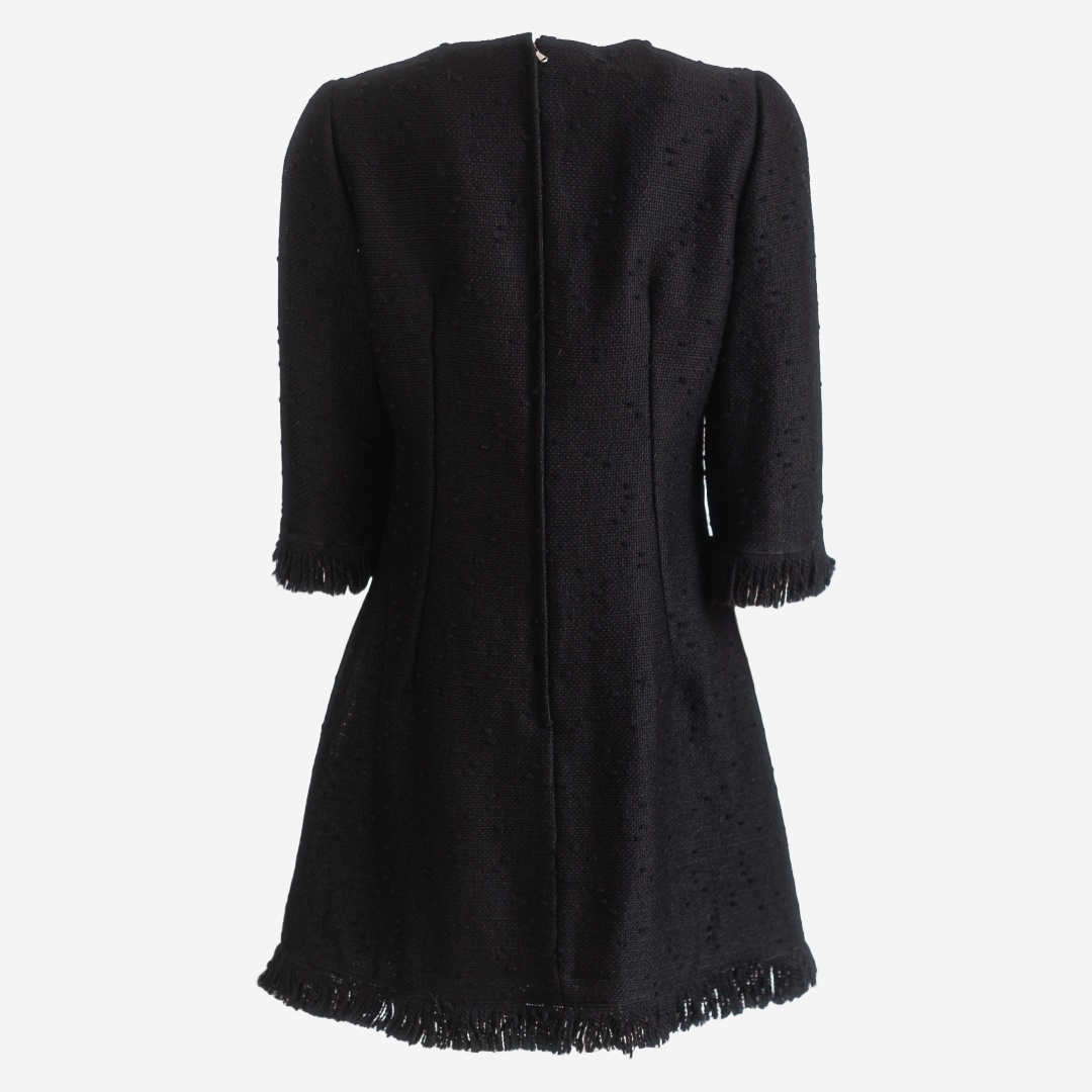 DOLCE & GABBANA - DRESS BLACK BOUCLÈ FRINGED SIZE L