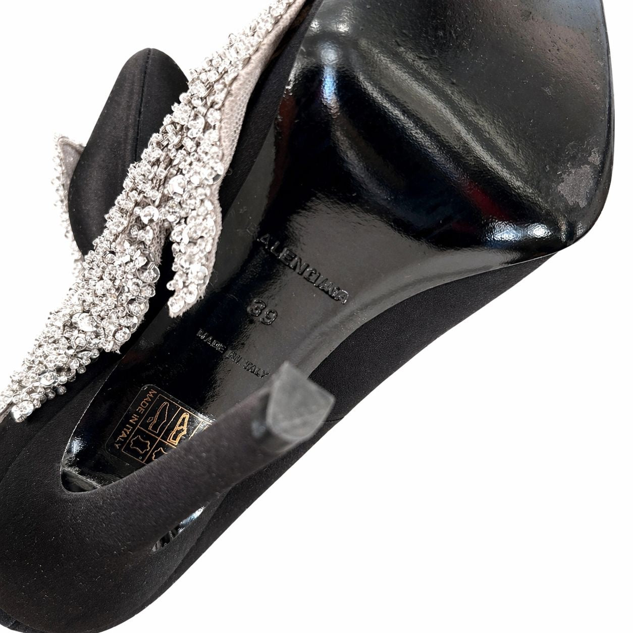 BALENCIAGA - PUMPS SLASH SATIN BLACK WITH SEQUIN FLORAL EMBROIDERY SIZE 39 EU