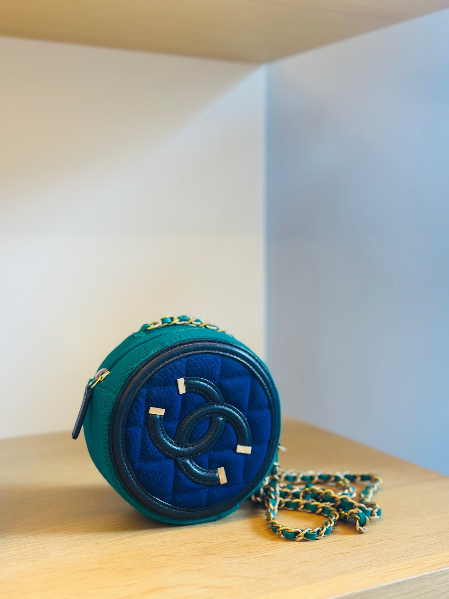 CHANEL- Round Clutch with Chain Quilted Jersey with Lambskin Logo Blue & Green