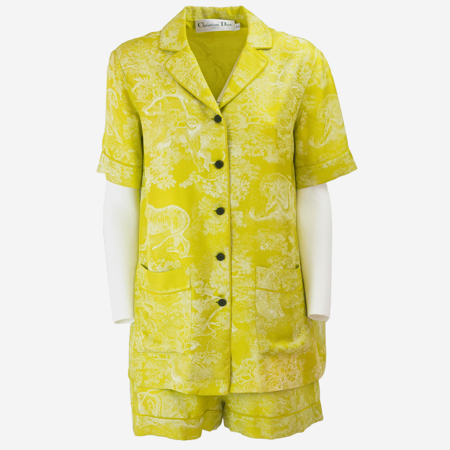 DIOR - PAJAMA SET IN TOILE DE JOUY LIME SILK (SHIRT AND SHORTS SIZE 36FR AND 38 FR)