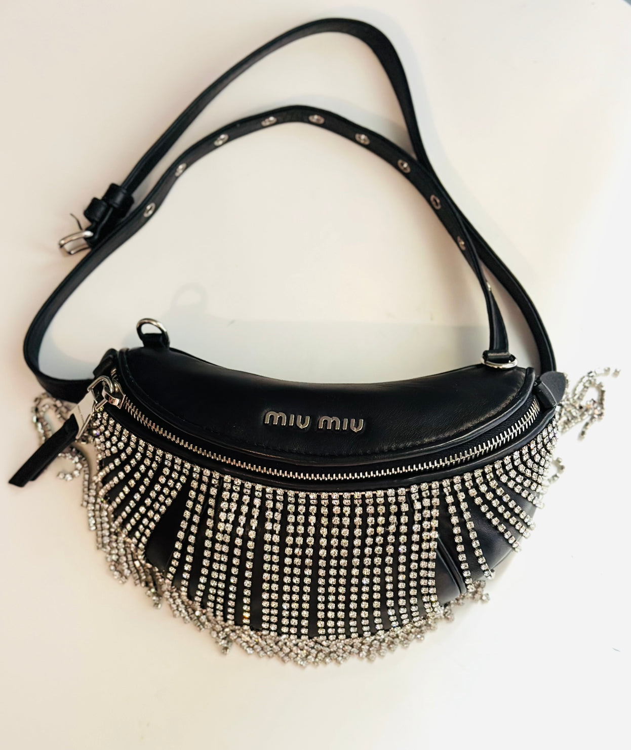 MIU MIU - Black Crystal Fringes Fanny Pack