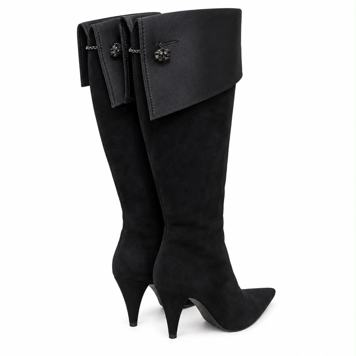 CASADEI - HIGH BOOTS SUEDE WITH SATIN CUFFS BLACK & JEWEL BUTTON DETAIL 37,5 EU