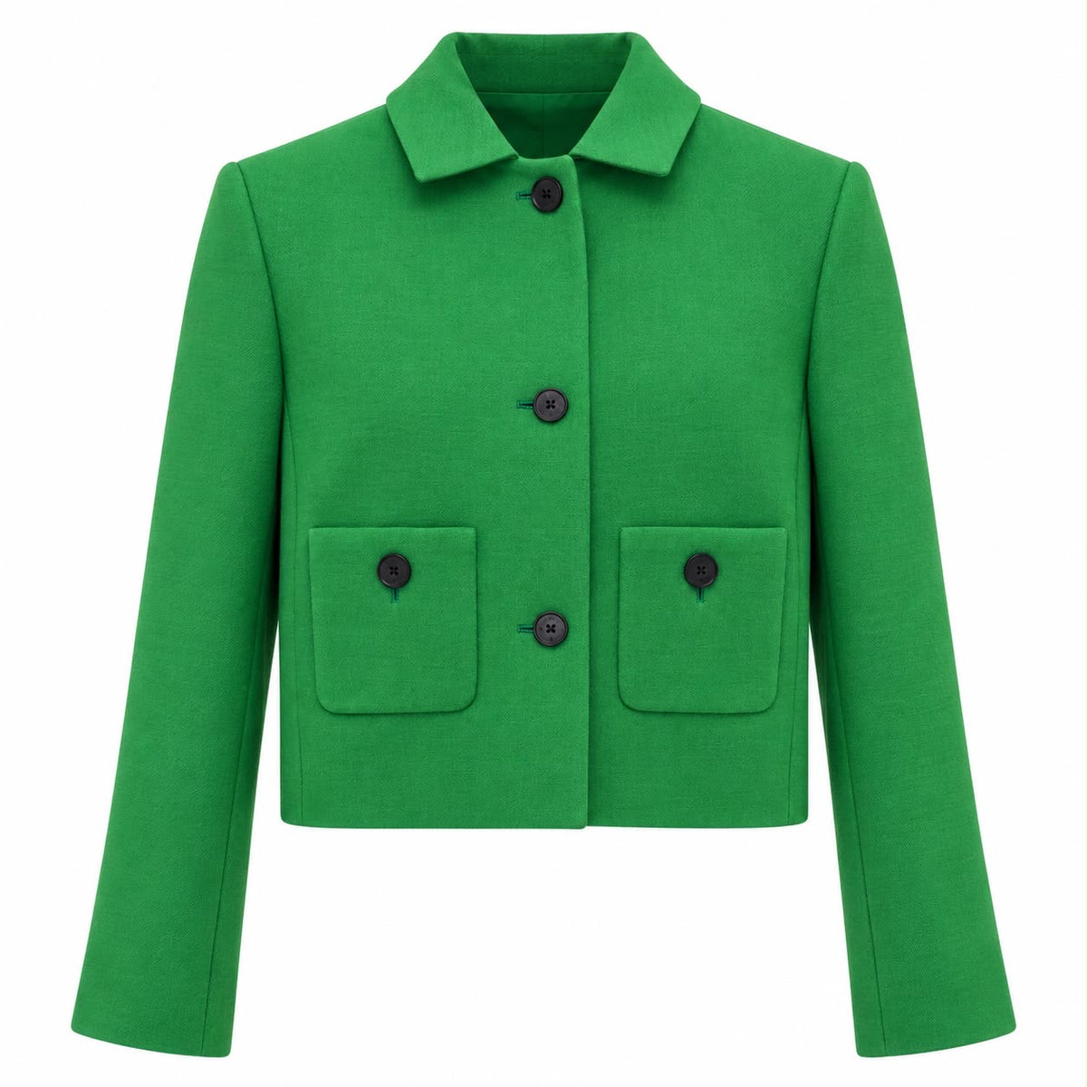 DIOR - JACKET CROPPED EMERALD GREEN WOOL & SILK WITH BLACK BUTTONS SIZE 34 FR