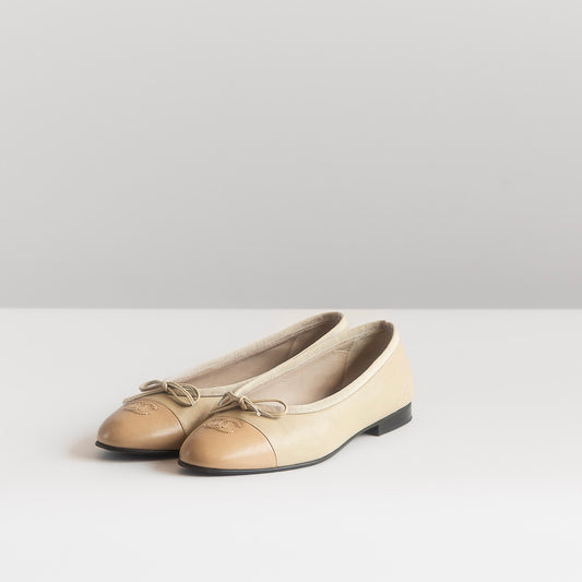 CHANEL - BALLERINA FLAT SHOES BEIGE LEATHER BICOLOR 39 EU