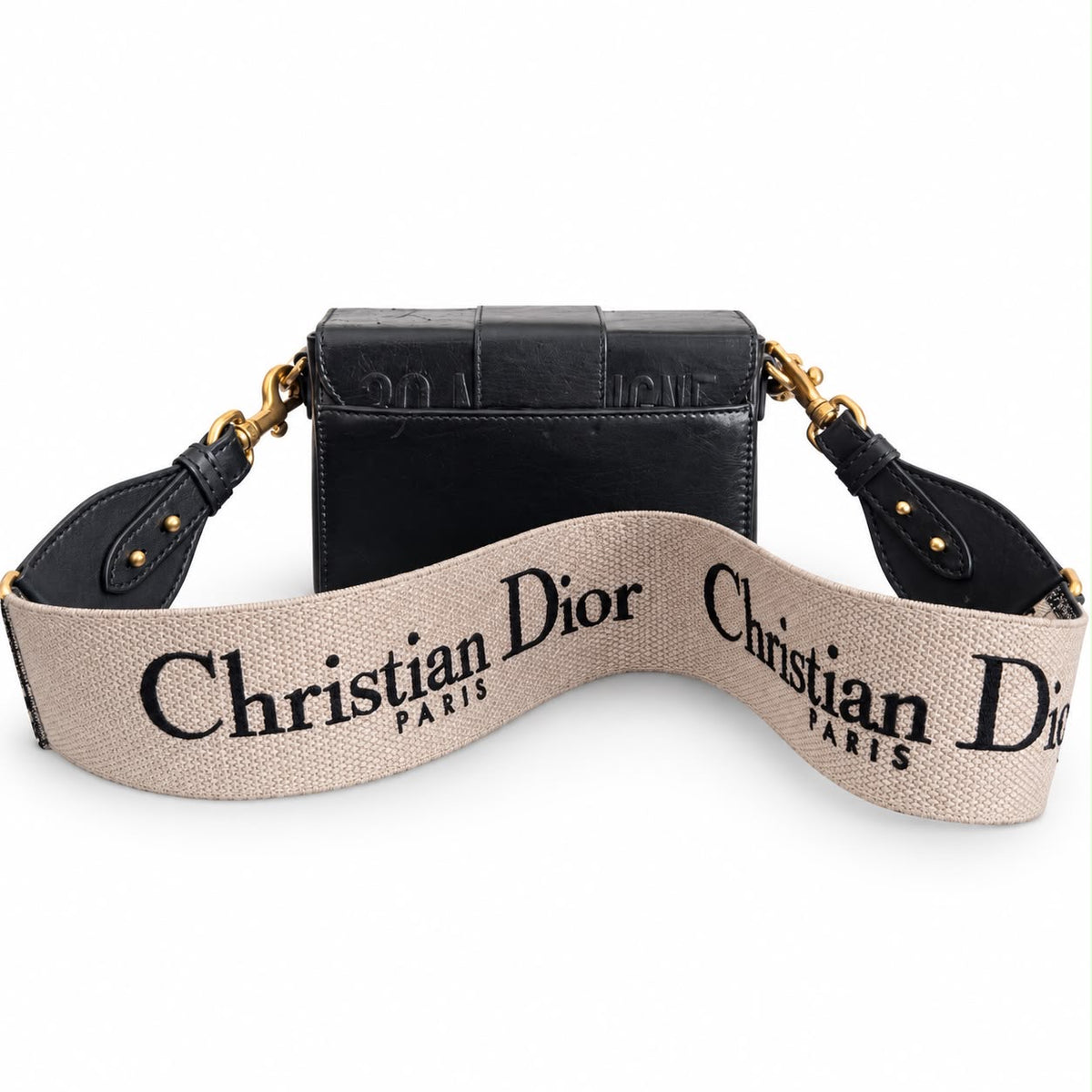 DIOR - BAG 30 MONTAIGNE BLACK LEATHER WITH OBLIQUE SHOULDER STRAP