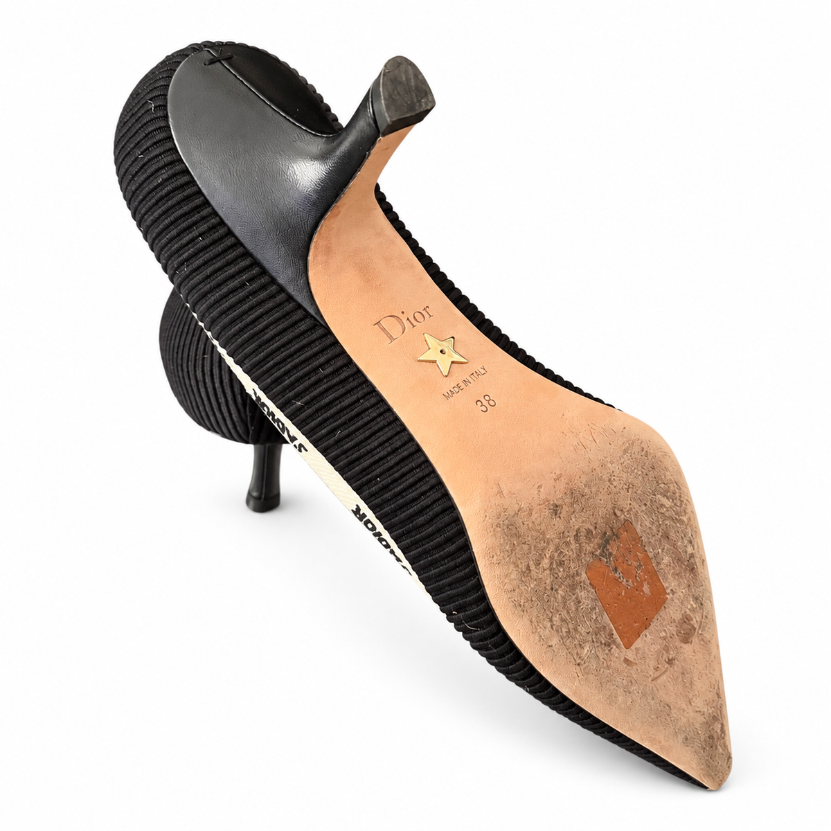 DIOR - PUMPS J’ADIOR BLACK RIBBED FABRIC POINTED-TOE WITH IVORY LOGO TRIM SIZE 38 EU