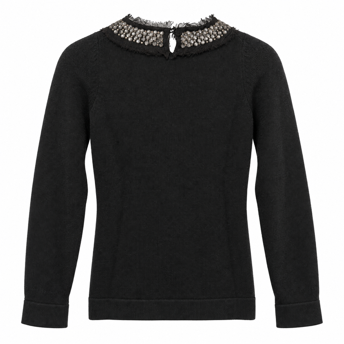 CHANEL - SWEATER BLACK CASHMERE WITH JEWELLED NECKLINE AND SHEER MESH DETAILING SIZE 34 FR