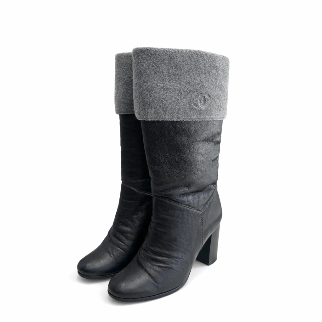 CHANEL - BOOTS HIGH BLACK LEATHER GREY REVERSIBLE LINING SIZE 40 EU