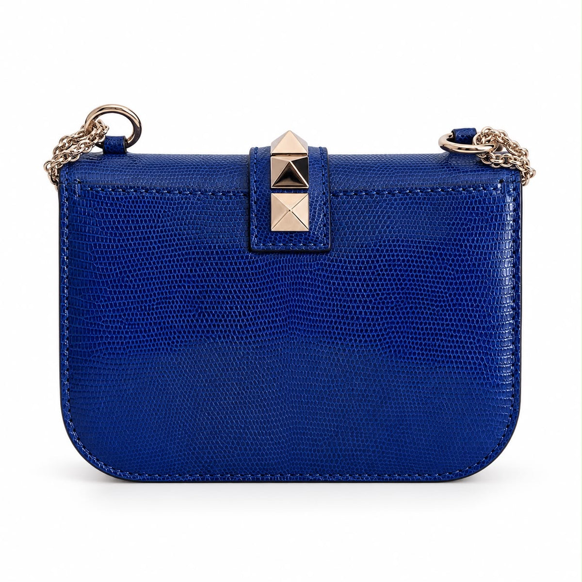 VALENTINO - BAG ROCKSTUD GLAM LOCK BLUE LIZARD-EMBOSSED LEATHER SILVER-TONE HARDWARE
