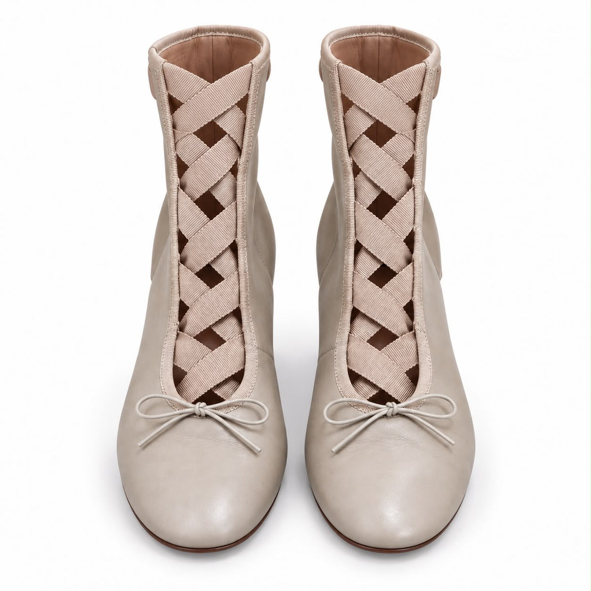 VALENTINO – ANKLE BOOTS IN BEIGE LEATHER WITH BALLET-INSPIRED RIBBON LACING 37 EU