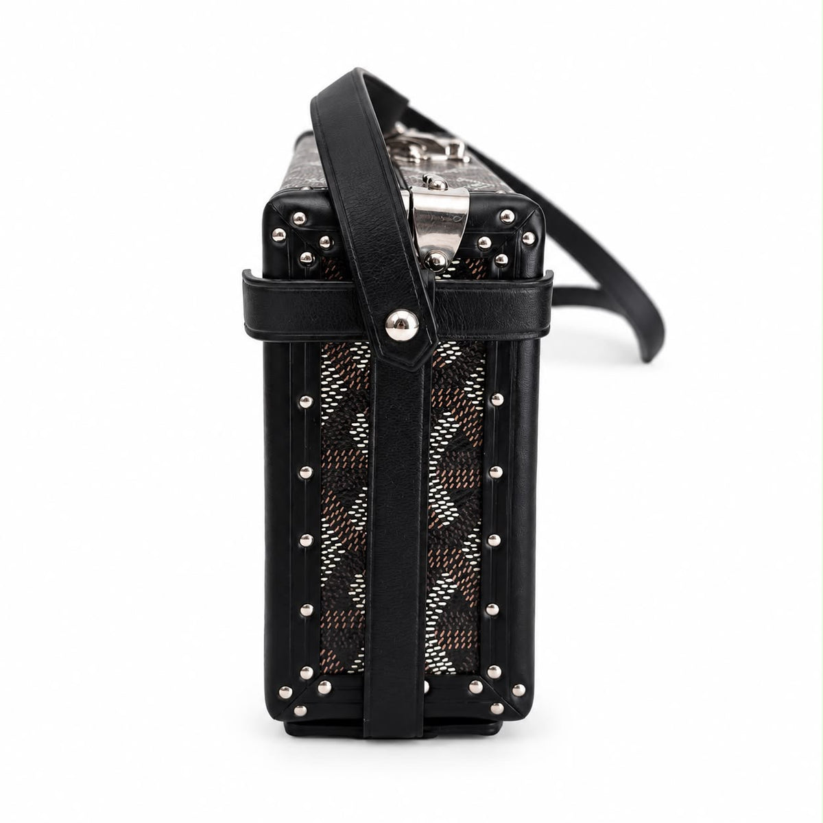 GOYARD - MINI TRUNK SHOULDER BAG IN BLACK GOYARDINE CANVAS WITH BLACK LEATHER TRIM & SILVER-TONE HARDWARE