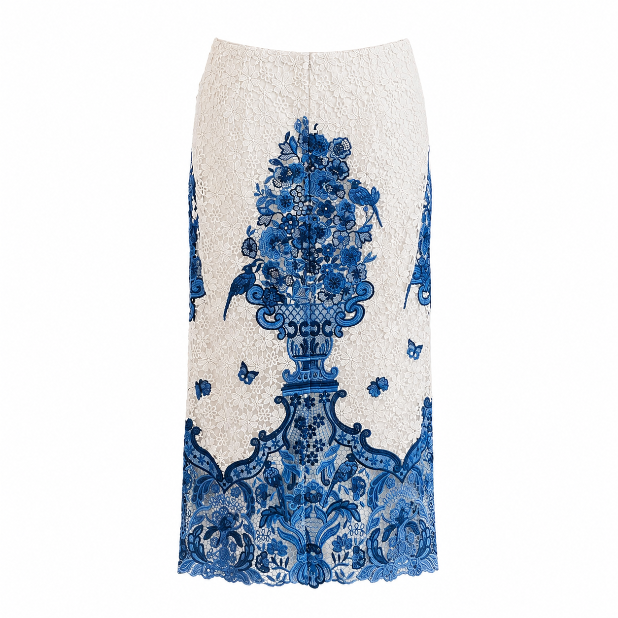 VALENTINO - *BRAND NEW* SKIRT LONG WHITE AND BLUE GUIPURE LACE PLEATED SKIRT SIZE 44 IT