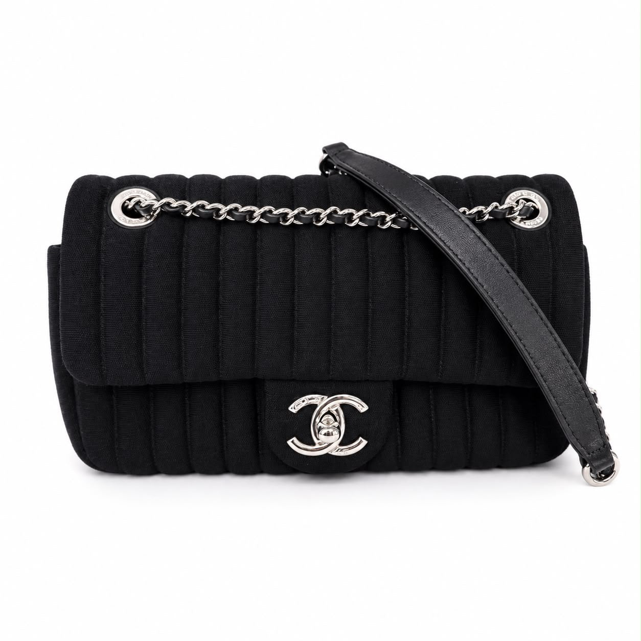 CHANEL - *NEVER USED* BAG MINI FLAP JERSEY VERTICAL QUILTED BLACK WITH SILVER HARDWARE