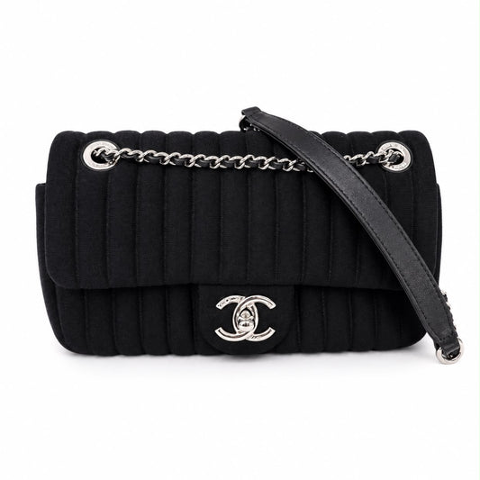 CHANEL - *NEVER USED* BAG MINI FLAP JERSEY VERTICAL QUILTED BLACK WITH SILVER HARDWARE