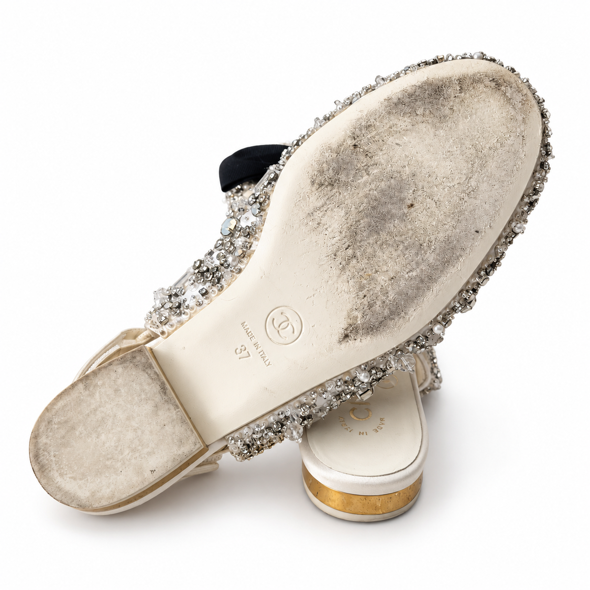 CHANEL - SLINGBACK SHOES IVORY SATIN CRYSTAL & PEARL-EMBELLISHED WITH BOW SIZE 37 EU