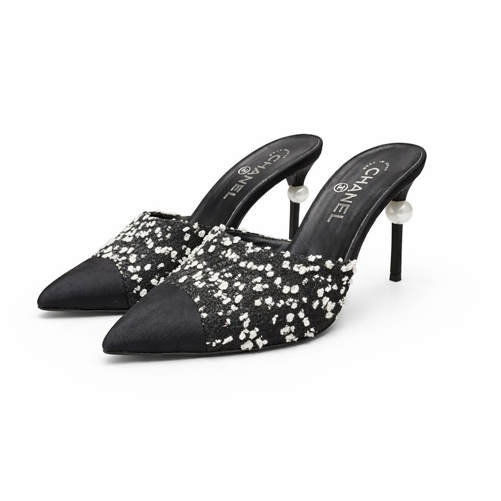 CHANEL - MULES TWEED BLACK & WHITE WITH LOGO CC PEARLS SIZE 38 EU
