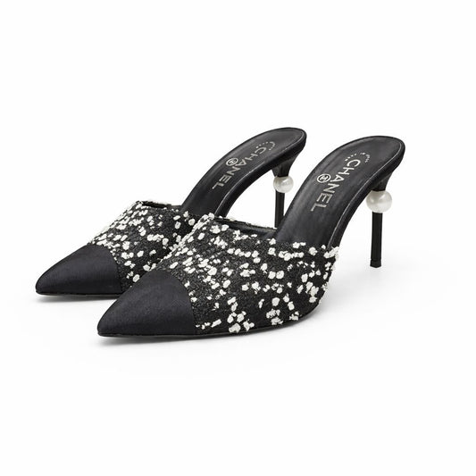 CHANEL - MULES TWEED BLACK & WHITE WITH LOGO CC PEARLS SIZE 38 EU