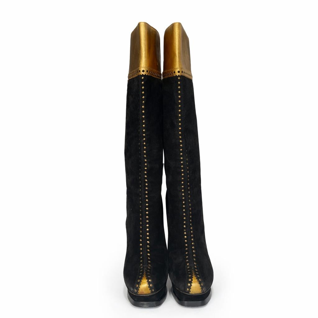 SAINT LAURENT - HIGH BOOTS BLACK SUEDE BLACK AND GOLD SOZE 40 EU