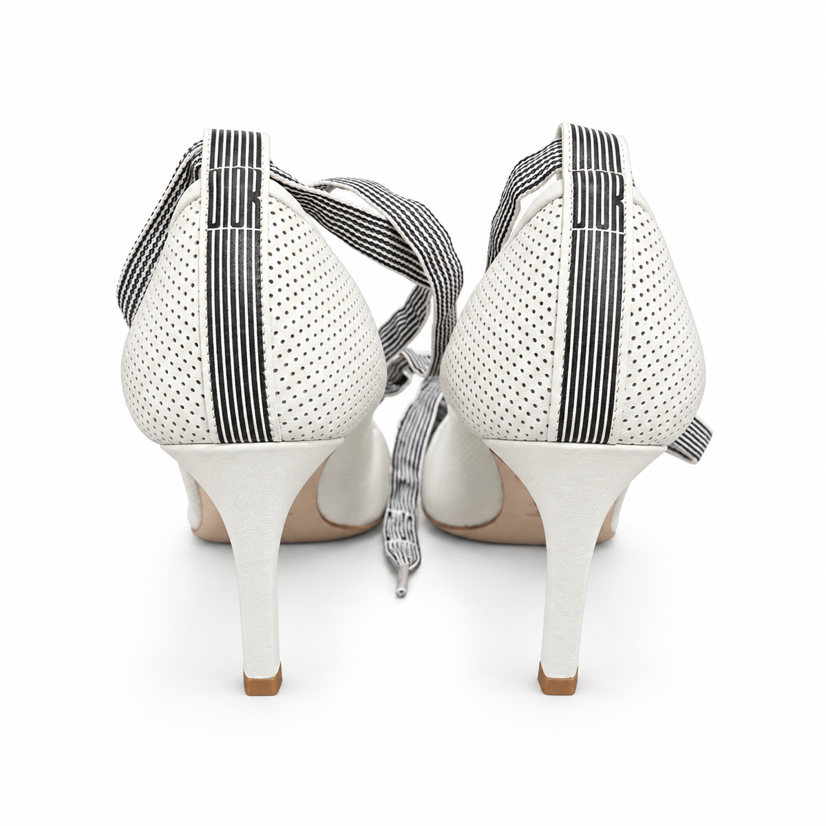 DIOR – *NEW* PUMPS WHITE PERFORATED LEATHER WITH BLACK AND WHITE RIBBON TIES SIZE 37 EU