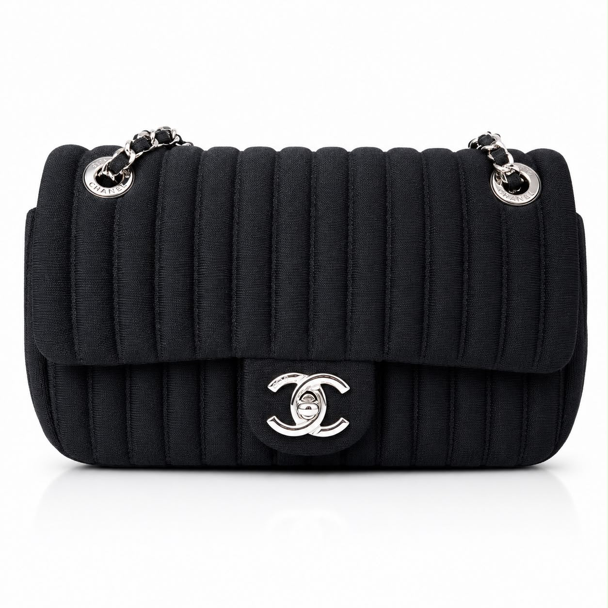 CHANEL - *NEVER USED* BAG MINI FLAP JERSEY VERTICAL QUILTED BLACK WITH SILVER HARDWARE