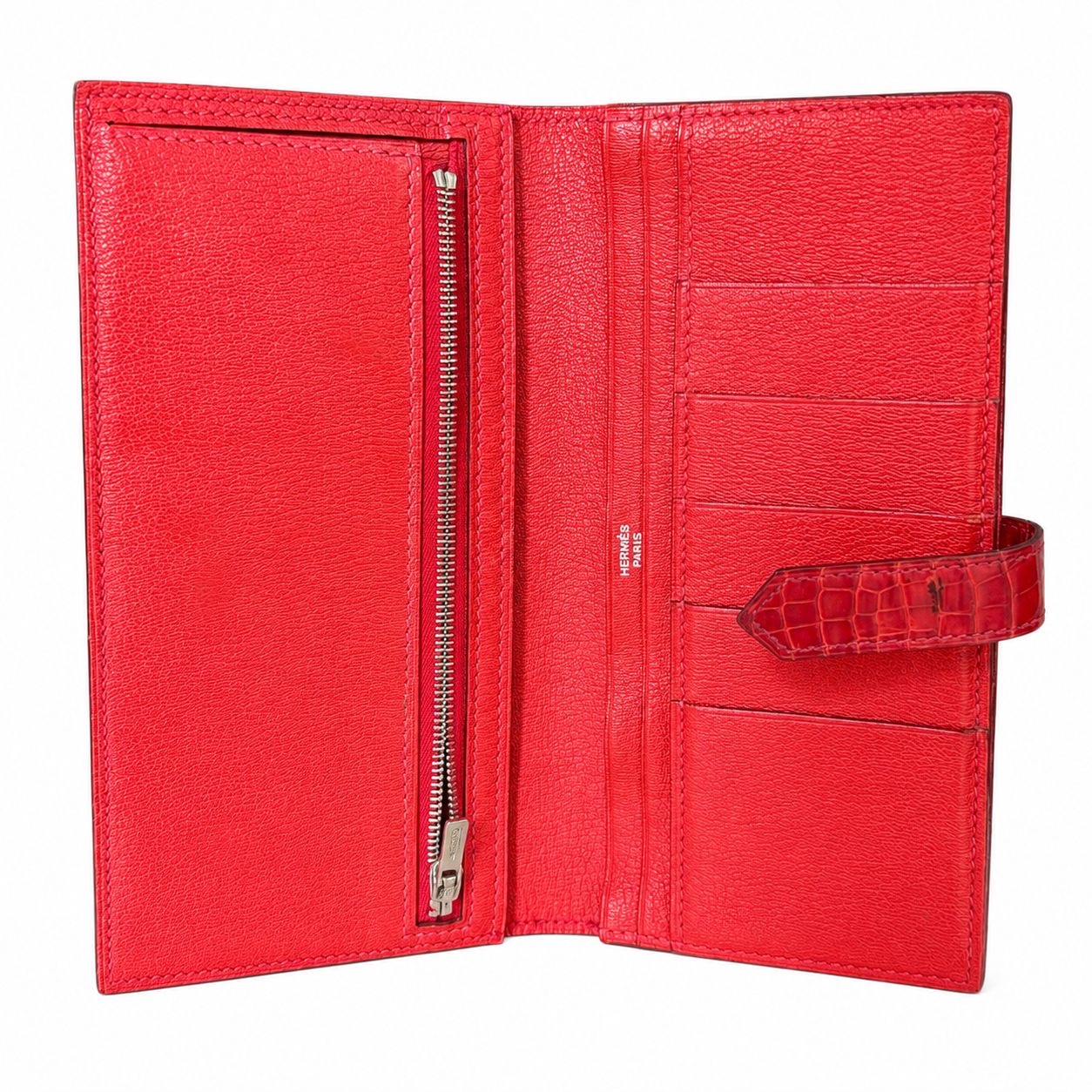 HERMÈS - WALLET BEARN RED ALLIGATOR LEATHER PALLADIUM HARDWARE