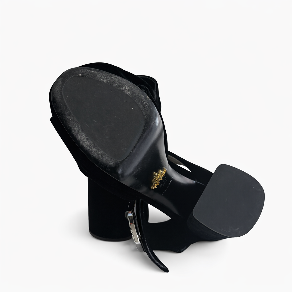 PRADA - SANDALS BLACK VELVET WITH JEWEL BUCKLE SIZE 37,5 EU