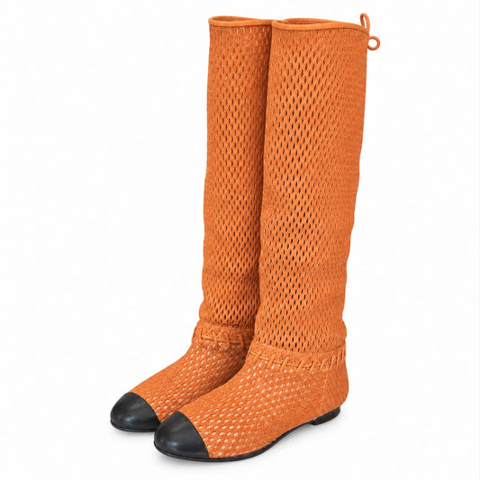 CHANEL - HIGH FLAT BOOTS BROWN PERFORATED LEATHER WITH CAP TOE SIZE 38 EU