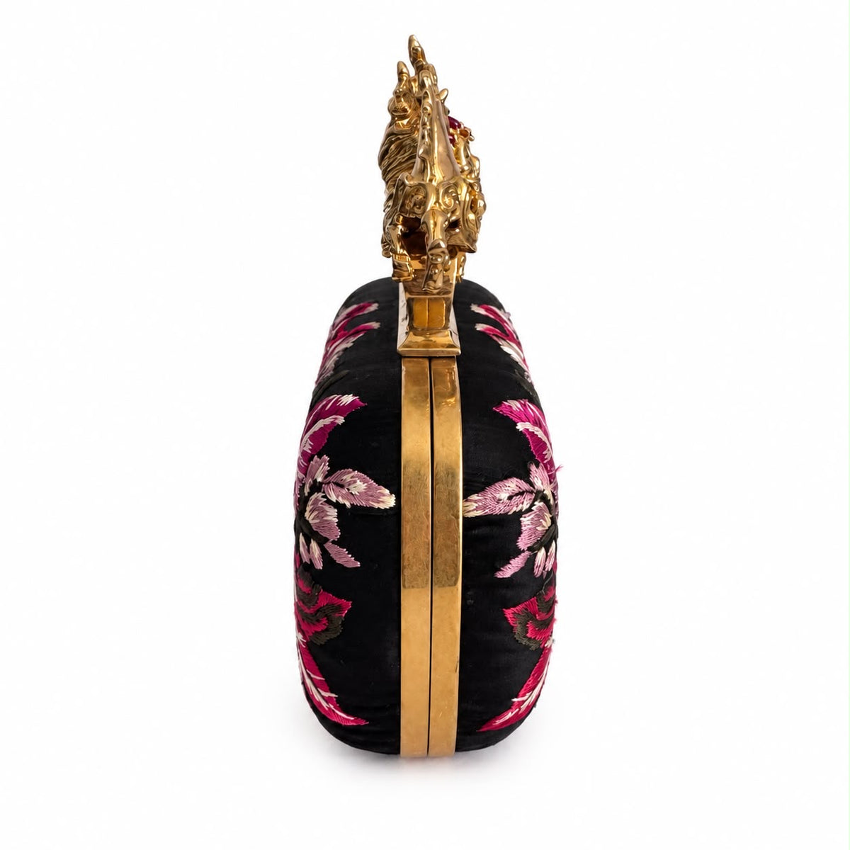 ALEXANDER MCQUEEN - CLUTCH KNUCKLE BOX BLACK MULTICOLOR FLORAL EMBROIDERED WITH GOLD-TONE HARDWARE