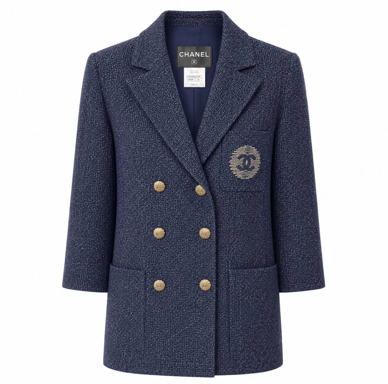 CHANEL - COAT JACKET BLUE NAVY DOUBLE-BREASTED WITH GOLD EMBROIDERED LOGO SIZE 34 FR