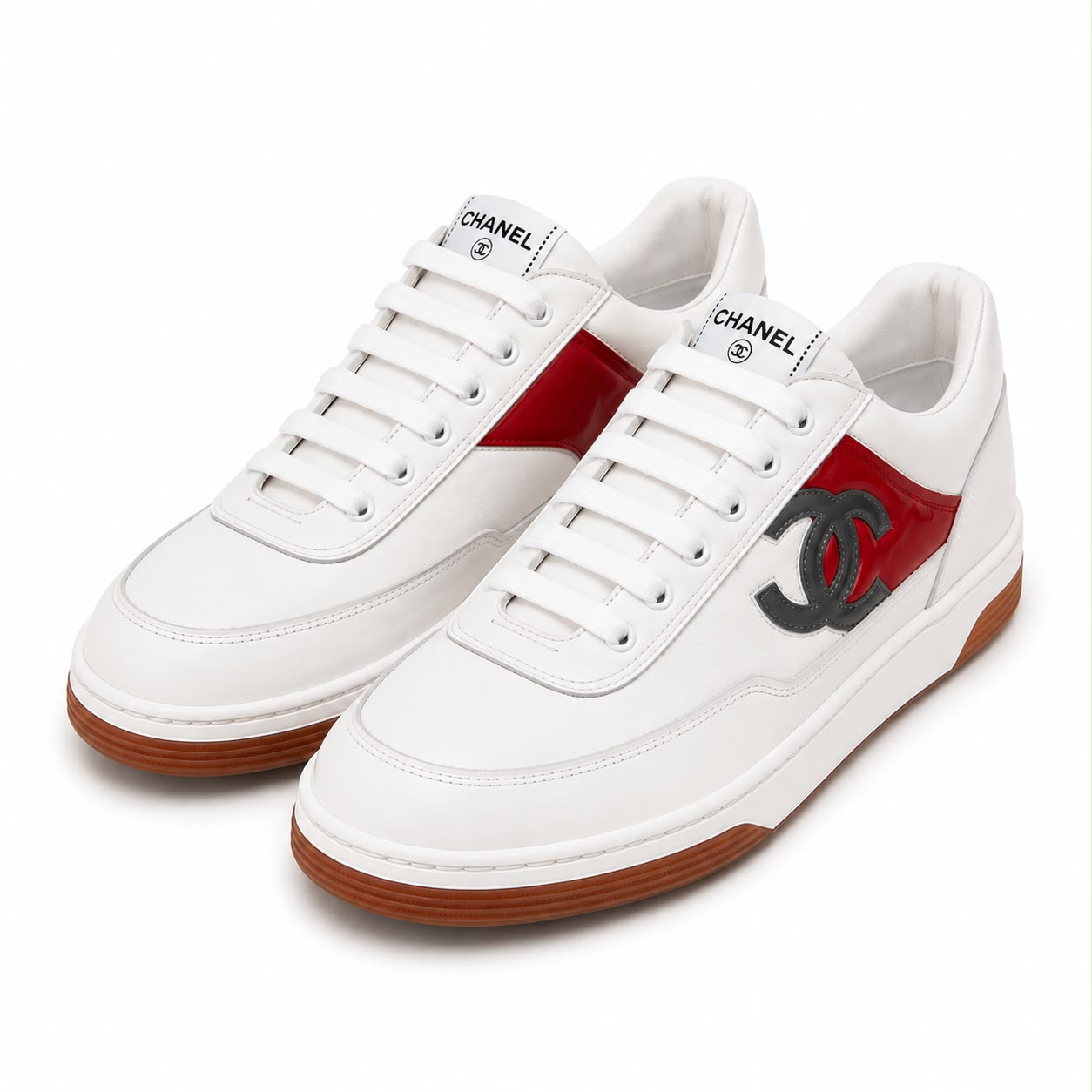 CHANEL - SNEAKERS LEATHER WHITE LOGO CC GREY AND RED SIZE 37 EU