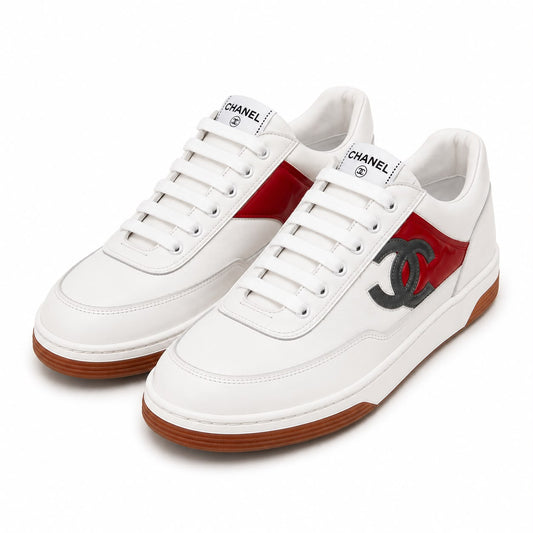 CHANEL - SNEAKERS LEATHER WHITE LOGO CC GREY AND RED SIZE 37 EU