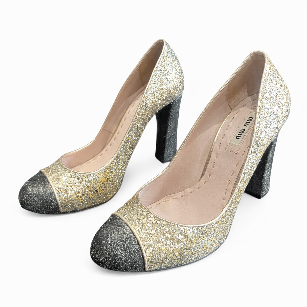 MIU MIU - PUMPS GOLD GLITTER & BLACK FOAL CALFSKIN SIZE 39,5 EU