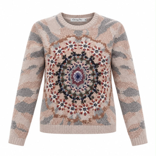 DIOR - SWEATER CASHMERE KALEIDOSCOPE MULTICOLOR FLORAL EMBROIDERY SIZE 34 FR