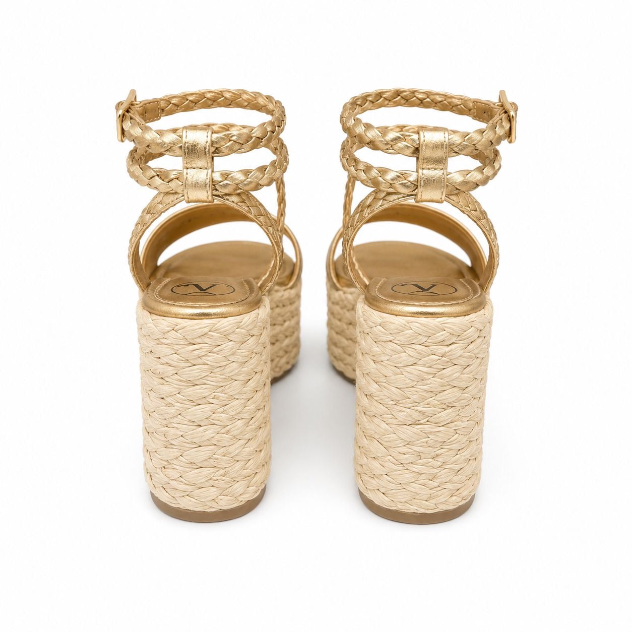 VALENTINO - WEDGE SANDALS VLOGO GOLD LEATHER AND RAFFIA SIZE 40 EU