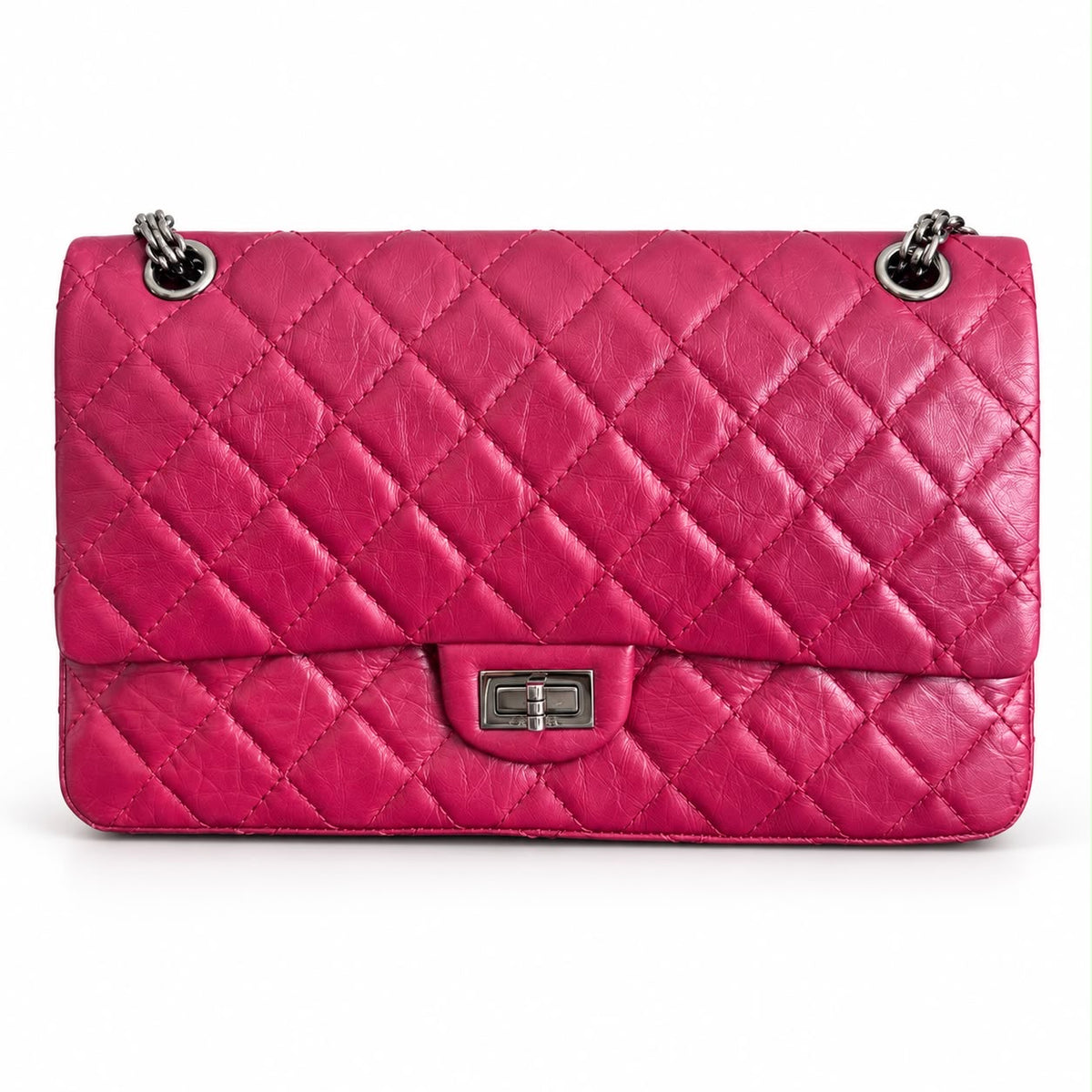 CHANEL - BAG 2.55 REISSUE DOUBLE FLAP IN MAGENTA RED QUILTED LEATHER WITH RUTHENIUM-TONE HARDWARE