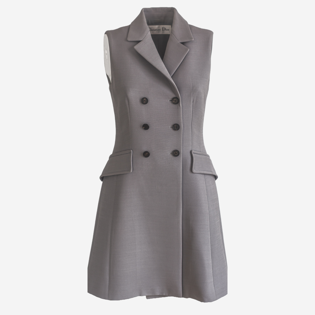 DIOR - DRESS SLEVELESS DOUBLE-BREASTED IN GREY WOOL-SILK SIZE 36 FR