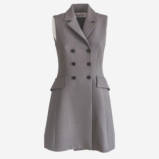 DIOR - DRESS SLEVELESS DOUBLE-BREASTED IN GREY WOOL-SILK SIZE 36 FR