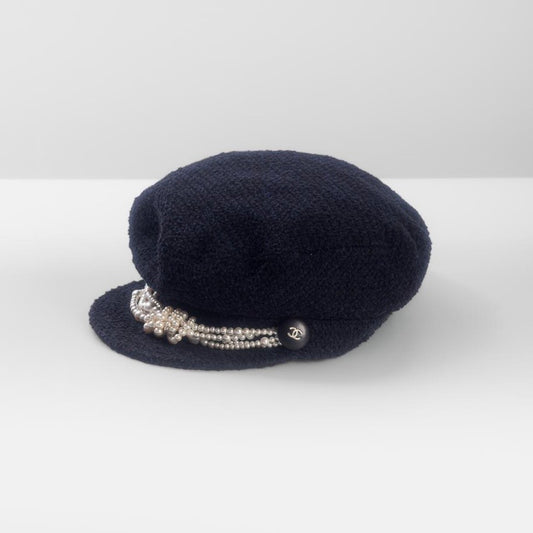 CHANEL - HAT TWEED BLUE WITH PEARLS SIZE S