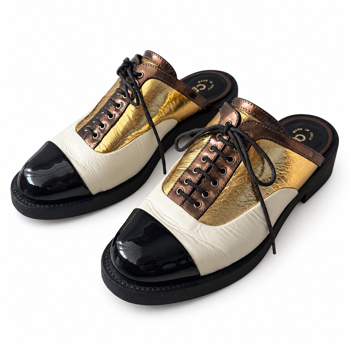CHANEL - MULES LACE-UP MULTICOLOR METALLIC LEATHER WITH BLACK PATENT CAP TOE SIZE 36,5 EU
