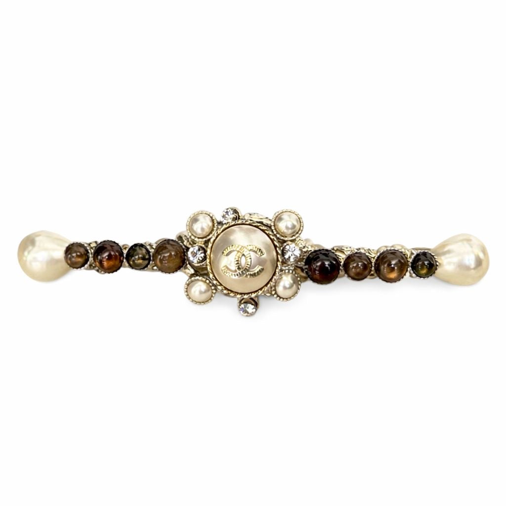 CHANEL - BROOCH GOLD TONE WITH PEARLS DROP & CRYSTAL