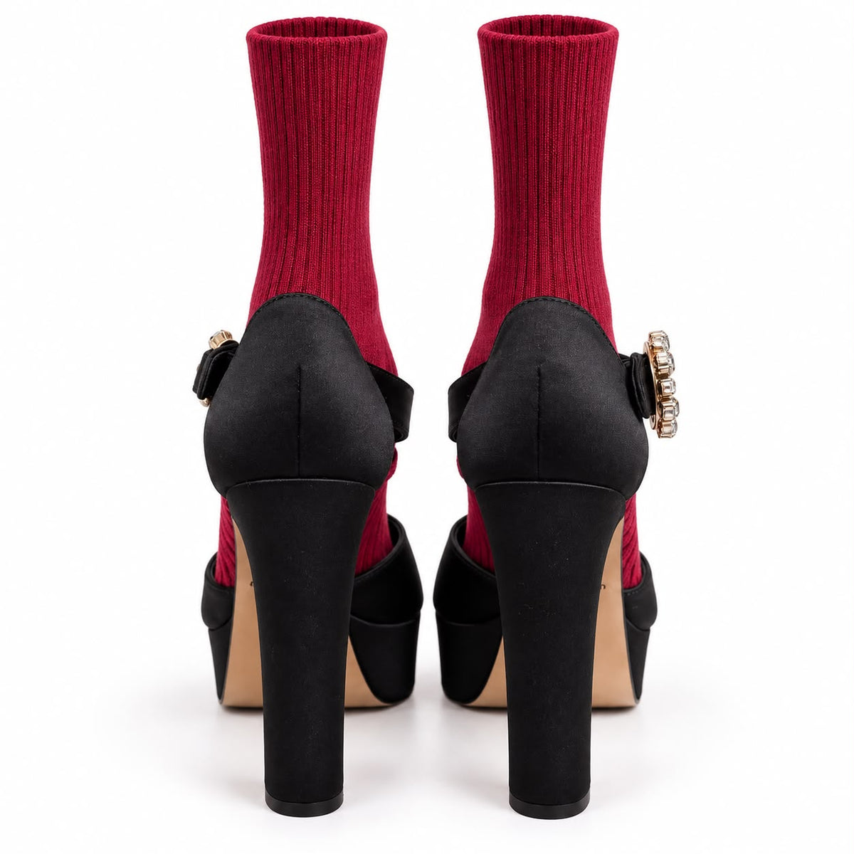 DOLCE & GABBANA – BLACK PLATFORM SANDALS WITH CHERRY EMBELLISHMENTS & RED SOCKS SIZE 37 EU