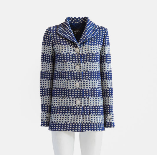CHANEL - JACKET TWEED LONG SILVER AND BLUE SIZE 36 FR