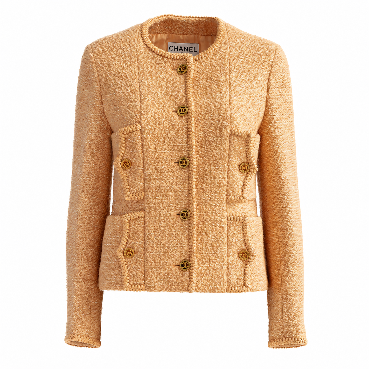 CHANEL - JACKET TWEED PEACH SINGLE-BREASTED WITH GOLD CC BUTTONS SIZE 36 FR