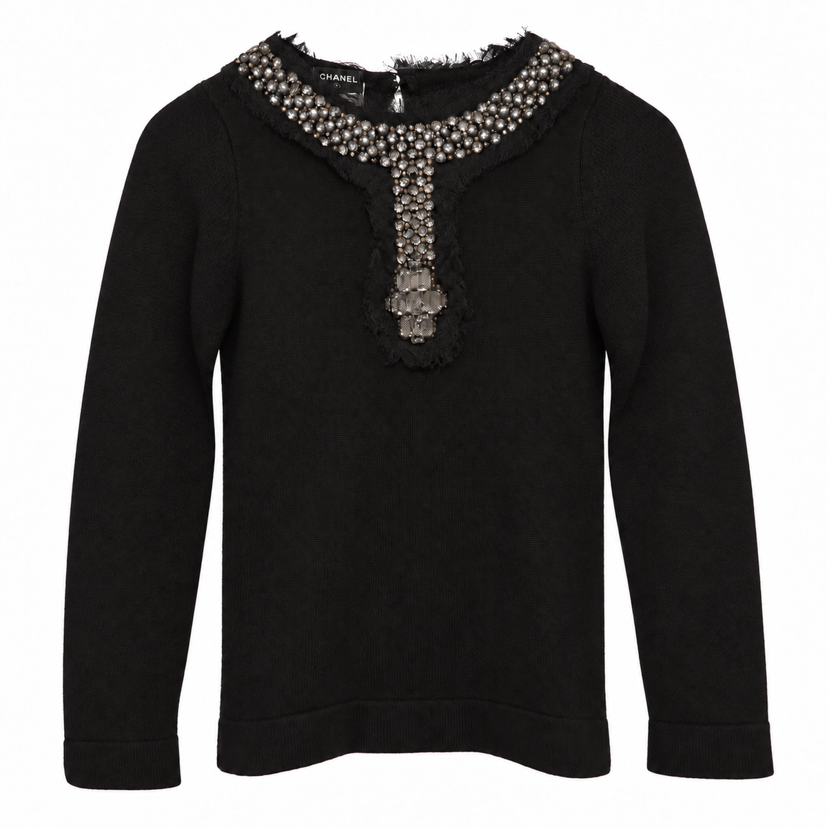 CHANEL - SWEATER BLACK CASHMERE WITH JEWELLED NECKLINE AND SHEER MESH DETAILING SIZE 34 FR