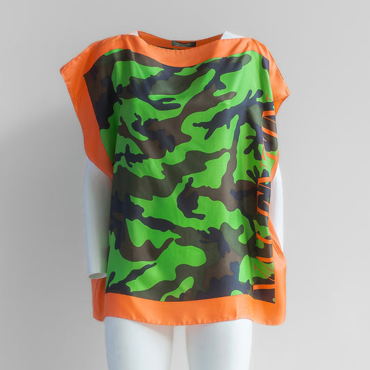 VALENTINO - TOP SILK CAMOUFLAGE GREEN PRINT AND ORANGE TRIM