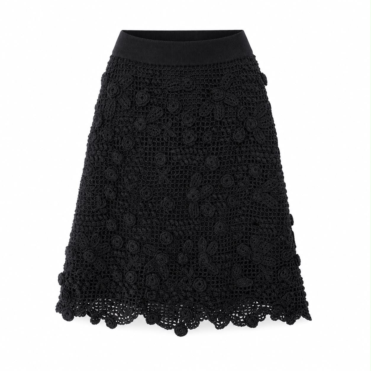 VALENTINO - SKIRT BLACK EMBROIDERED WITH FLORAL APPLIQUÉS SIZE S