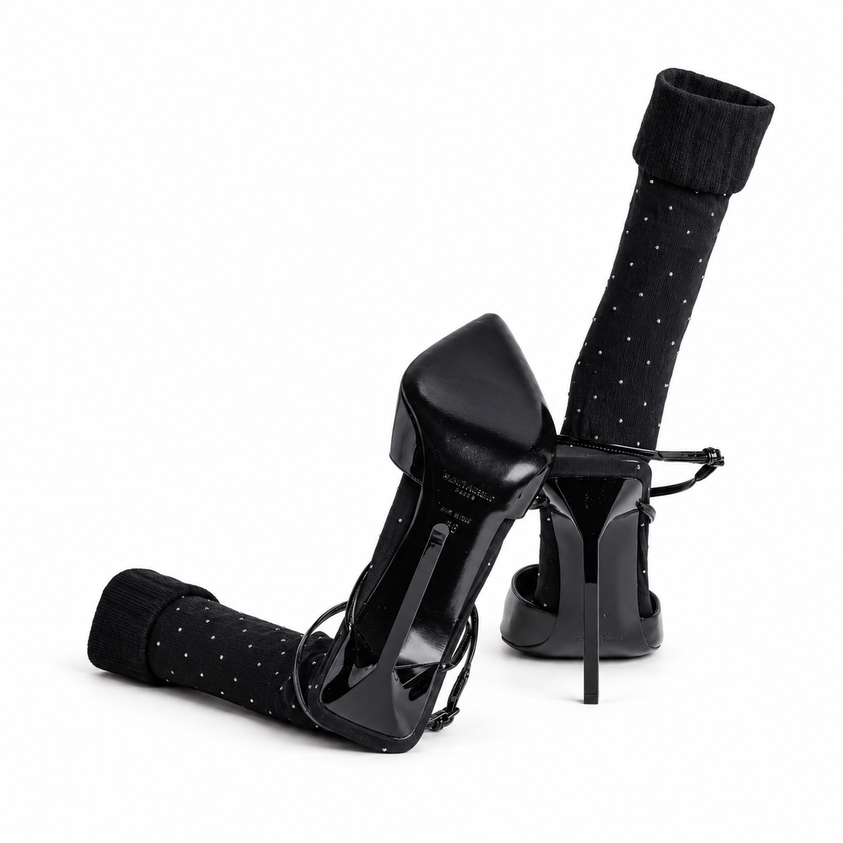 SAINT LAURENT - *NEW* PUMPS BLACK PATENT LEATHER POINTED-TOE WITH RHINESTONE-EMBELLISHED KNEE-HIGH SOCKS SIZE 39 EU