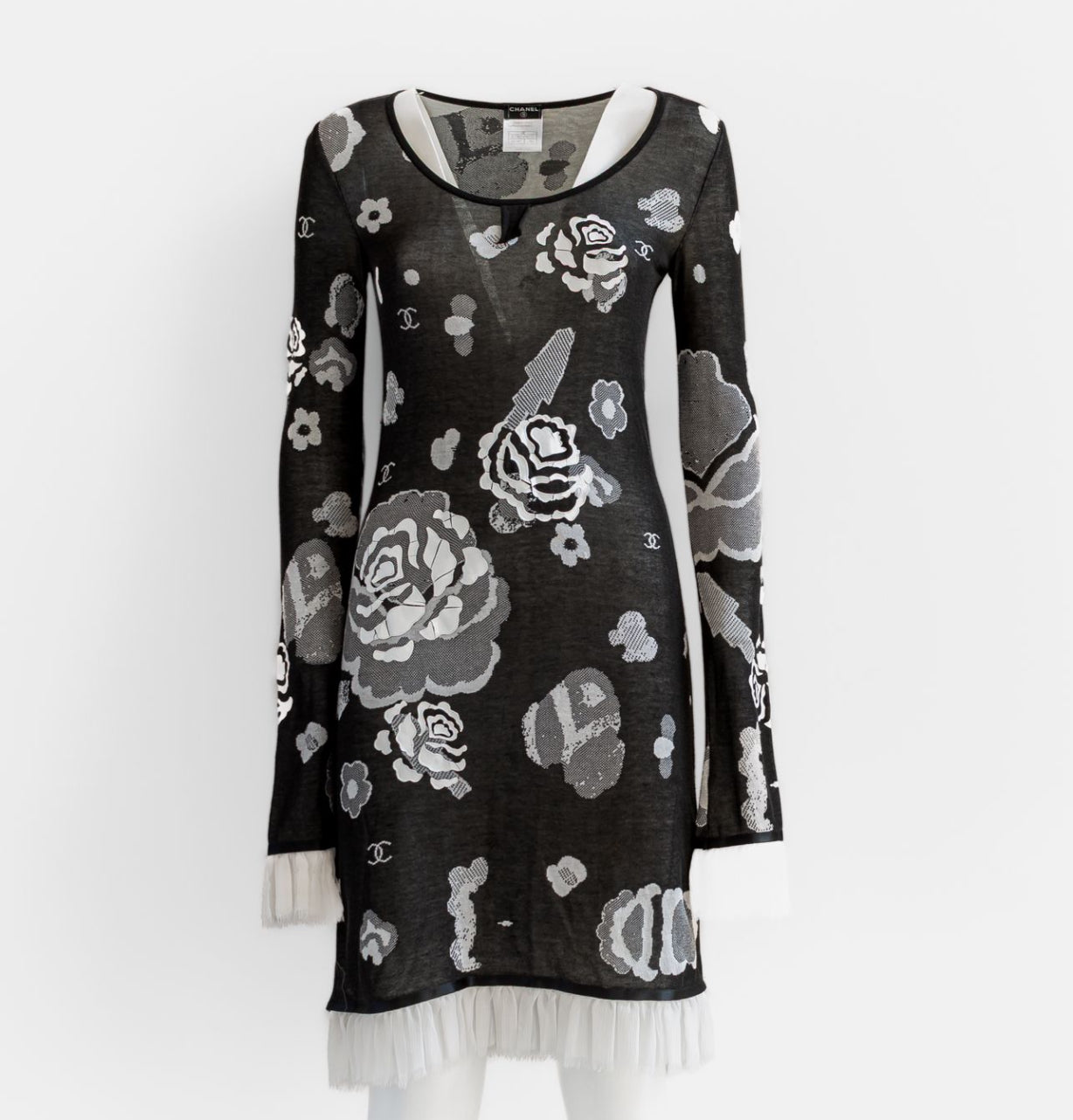 CHANEL - DRESS MIDI BLACK WITH WHITE CAMELLIAS SIZE 36 FR