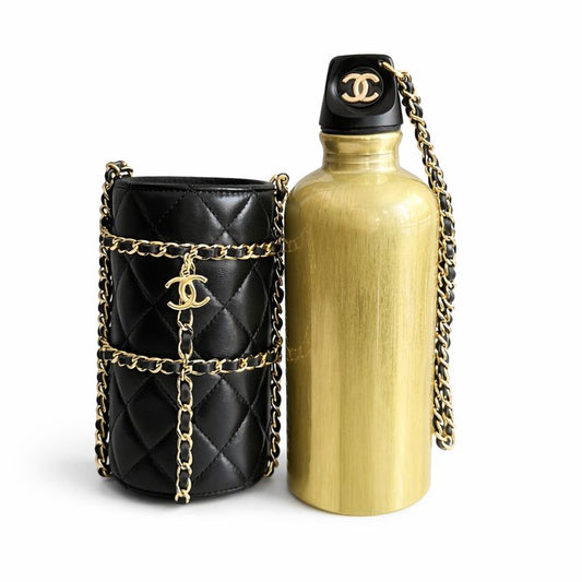 CHANEL - *RARE & BRAND NEW* WATER BOTTLE GOLD IN BLACK QUILTED LAMBSKIN POUCH